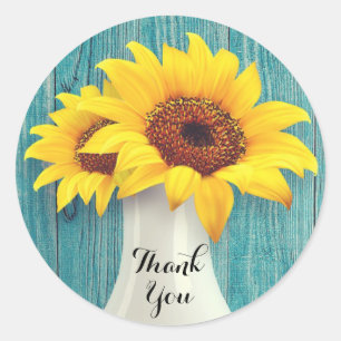 Rustic Sunflower Blue Wood Weddenschap Bedankt Ronde Sticker