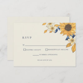 Rustic Sunflower Blue Yellow Wedding RSVP Kaartje