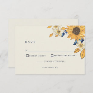 Rustic Sunflower Blue Yellow Wedding RSVP Kaartje