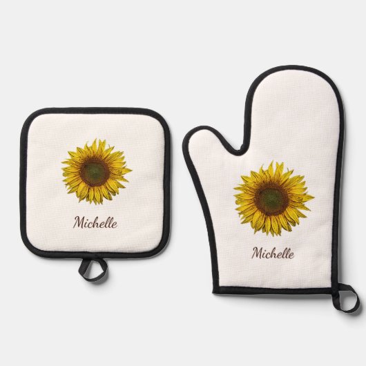 Rustic Sunflower Boho Botanical Personalized Ovenwant & Pannenlap Set (Voorkant)