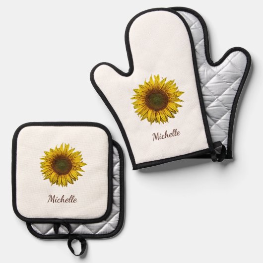 Rustic Sunflower Boho Botanical Personalized Ovenwant & Pannenlap Set (Voorkant / Achterkant)