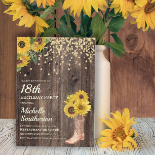 Rustic Sunflower Boots Glitter 18th Birthday Kaart