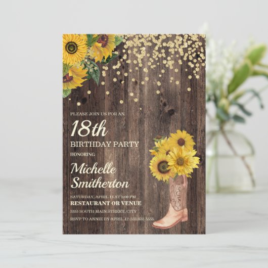 Rustic Sunflower Boots Glitter 18th Birthday Kaart (Staand voorkant)