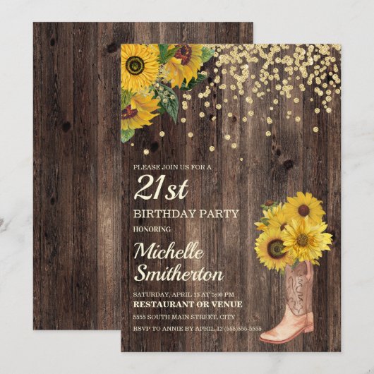 Rustic Sunflower Boots Glitter 21st Birthday Kaart (Voorkant / Achterkant)