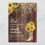 Rustic Sunflower Boots Glitter 21st Birthday Kaart<br><div class="desc">Robuust hout,  gele zonnebloemen met goudglitter en een cowboyboot met bloemen 21ste verjaardag uitnodiging voor vrouwen. Neem contact met ons op voor hulp bij aanpassingen of om passende producten aan te vragen.</div>