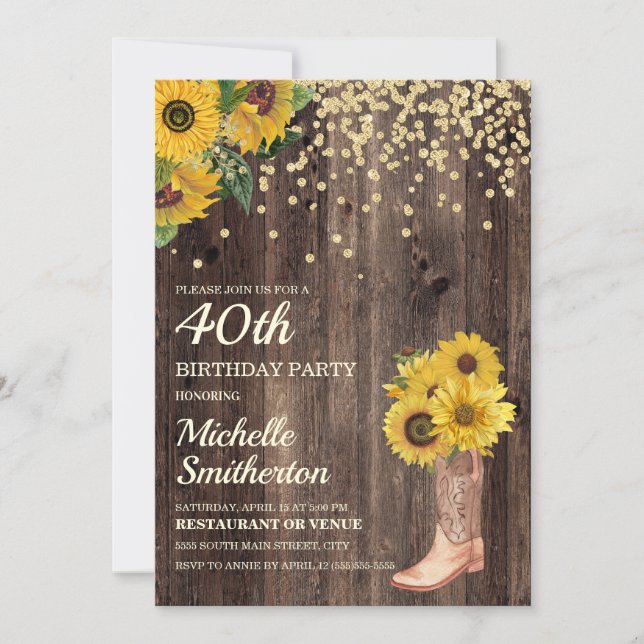 Rustic Sunflower Boots Glitter 40th Birthday Kaart (Voorkant)