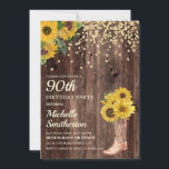 Rustic Sunflower Boots Glitter 90th Birthday Kaart<br><div class="desc">Robuust hout,  gele zonnebloemen met goudglitter en een cowboyboot met bloemen op 90ste verjaardag uitnodiging voor vrouwen. Neem contact met ons op voor hulp bij aanpassingen of om passende producten aan te vragen.</div>