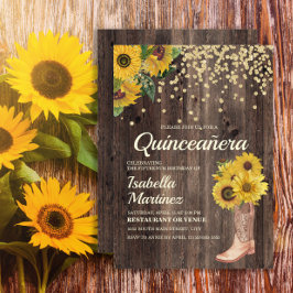 Rustic Sunflower Boots Glitter Quinceañera 15th Kaart