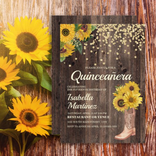 Rustic Sunflower Boots Glitter Quinceañera 15th Kaart