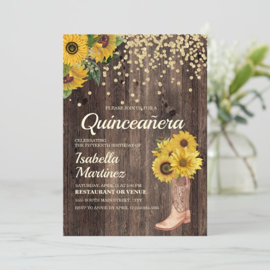 Rustic Sunflower Boots Glitter Quinceañera 15th Kaart (Staand voorkant)