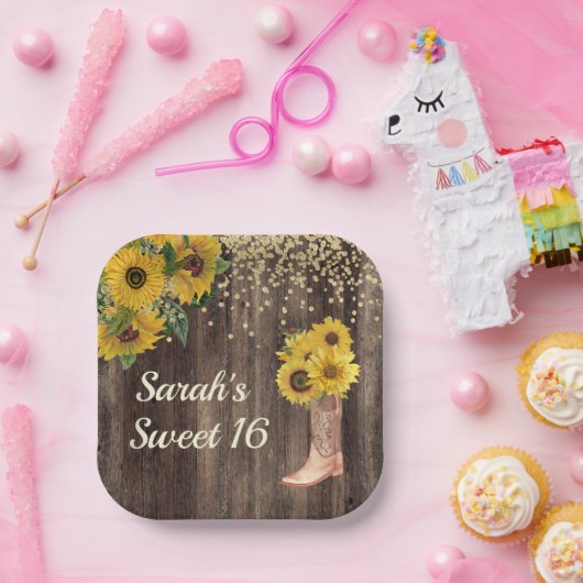 Rustic Sunflower Boots Glitter Sweet 16 Birthday Papieren Bordje (Feest)