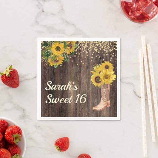 Rustic Sunflower Boots Glitter Sweet 16 Birthday Servet (Insitu)