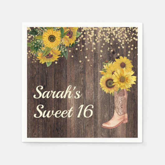 Rustic Sunflower Boots Glitter Sweet 16 Birthday Servet (Voorkant)