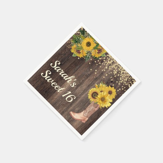 Rustic Sunflower Boots Glitter Sweet 16 Birthday Servet (Hoek)