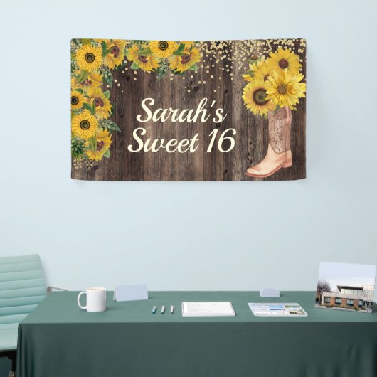 Rustic Sunflower Boots Glitter Sweet 16 Birthday Spandoek (Beurs)