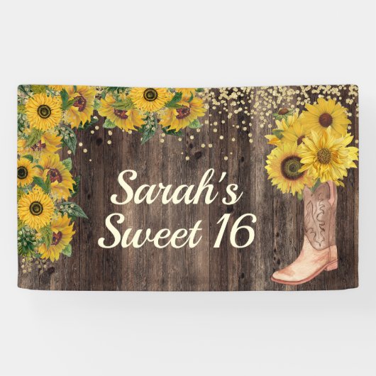 Rustic Sunflower Boots Glitter Sweet 16 Birthday Spandoek (Horizontaal)