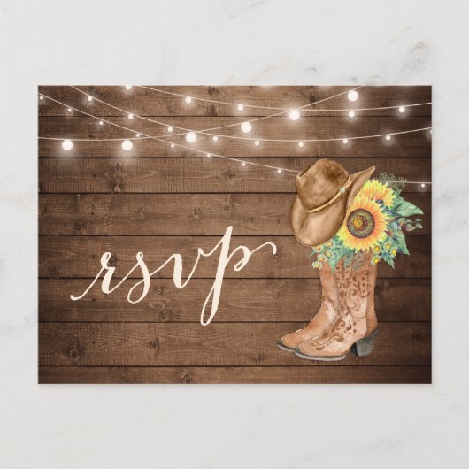 Rustic Sunflower Boots String Lights RSVP Uitnodiging Briefkaart (Voorkant)