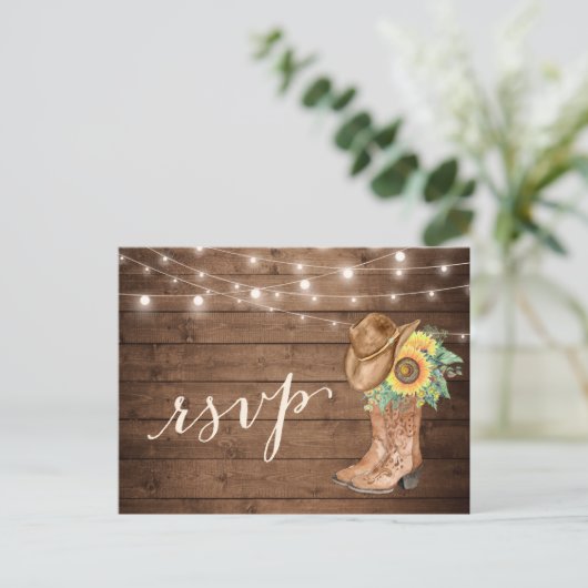 Rustic Sunflower Boots String Lights RSVP Uitnodiging Briefkaart (Staand voorkant)