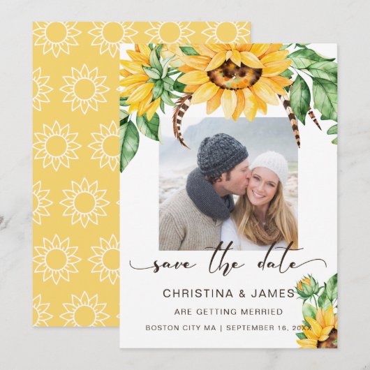 Rustic Sunflower Bouquet-fotoscript Save The Date (Voorkant / Achterkant)