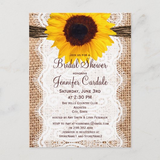 Rustic Sunflower Bridal Shower Invitation Briefkaa Uitnodiging Briefkaart (Voorkant)
