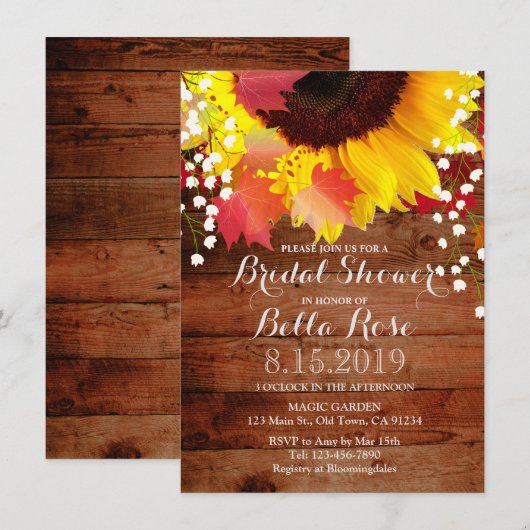 Rustic Sunflower Bridal Shower Invitations Kaart (Voorkant / Achterkant)
