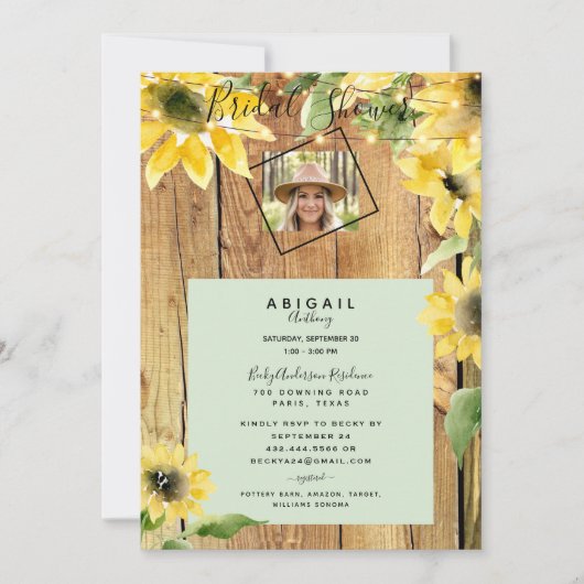 Rustic Sunflower Bride Foto Wood & Lichten Bridal Kaart (Voorkant)