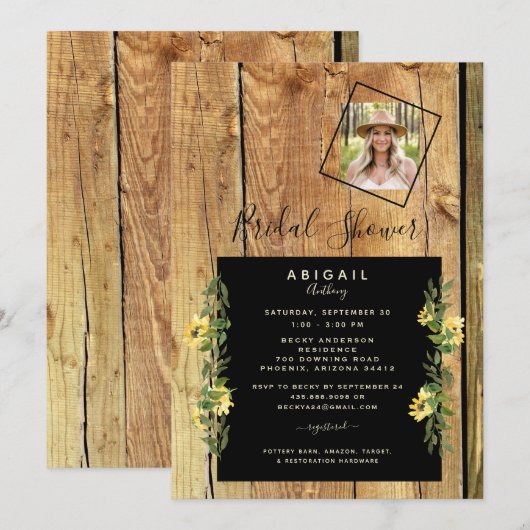 Rustic Sunflower Bride Photo Wood Vrijgezellenfees Kaart (Voorkant / Achterkant)
