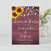 Rustic Sunflower Burdundy Wood Wedding Save The Date (Staand voorkant)