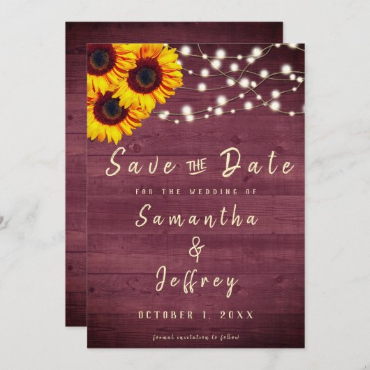 Rustic Sunflower Burdundy Wood Wedding Save The Date (Voorkant / Achterkant)