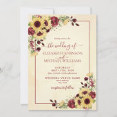 Rustic Sunflower Burgundy Floral Photo Wedding Kaart (Voorkant)