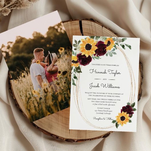 Rustic Sunflower & Burgundy Rozen Foto bruiloft Kaart