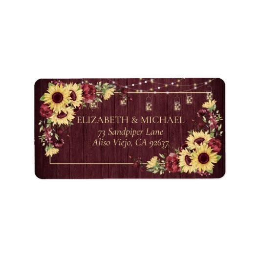 Rustic Sunflower Burgundy Wood Floral Adres Etiket (Voorkant)