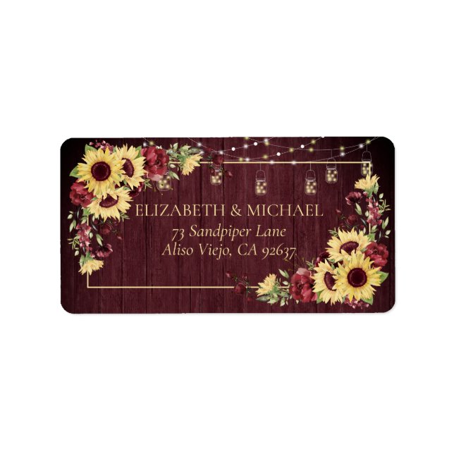 Rustic Sunflower Burgundy Wood Floral Adres Etiket (Voorkant)