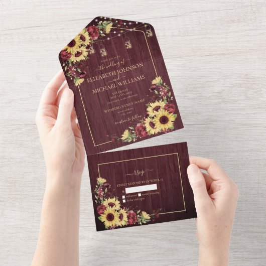 Rustic Sunflower Burgundy Wood Floral No Menu All In One Uitnodiging (Afscheurbaar)