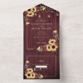 Rustic Sunflower Burgundy Wood Floral No Menu All In One Uitnodiging (Binnen)