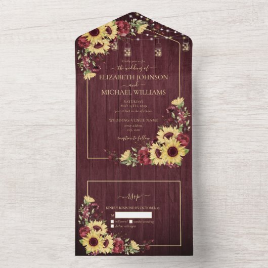 Rustic Sunflower Burgundy Wood Floral No Menu All In One Uitnodiging (Binnen)