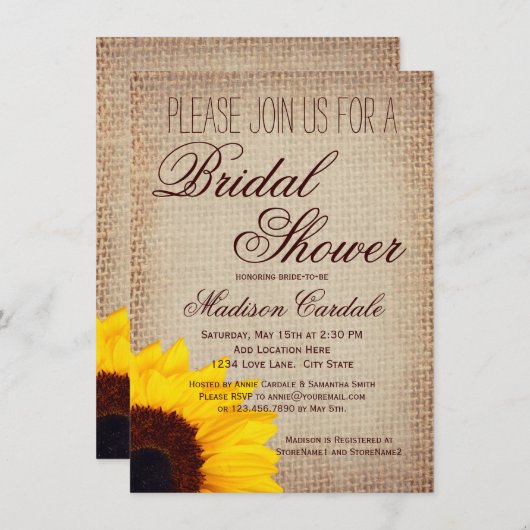 Rustic Sunflower Burlap Bridal Shower Invitations Kaart (Voorkant / Achterkant)