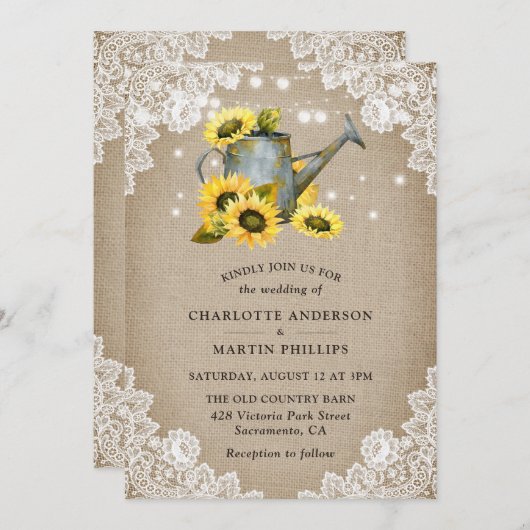 Rustic Sunflower  Burlap en Lace Wedding Kaart (Voorkant / Achterkant)
