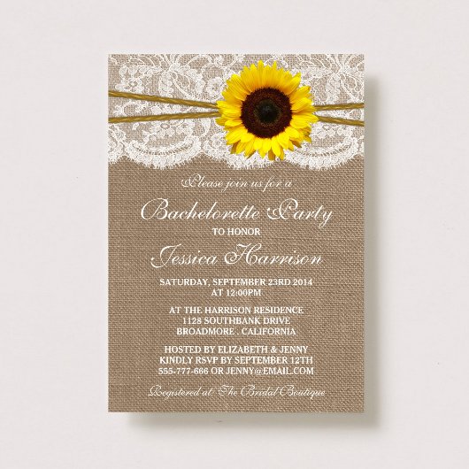 Rustic Sunflower Burlap, Lace & Twine Bachelorette Kaart