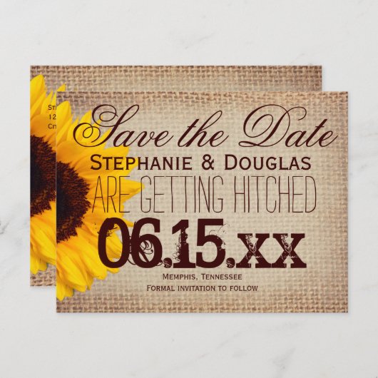 Rustic Sunflower Burlap Sparen de Briefkaarten van (Voorkant / Achterkant)