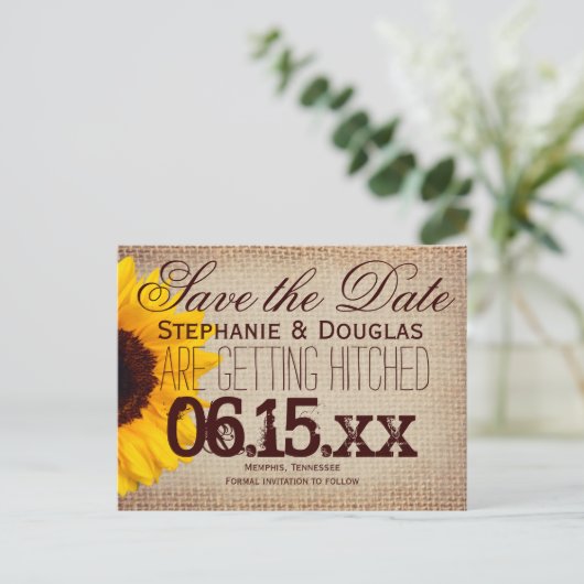 Rustic Sunflower Burlap Sparen de Briefkaarten van (Staand voorkant)