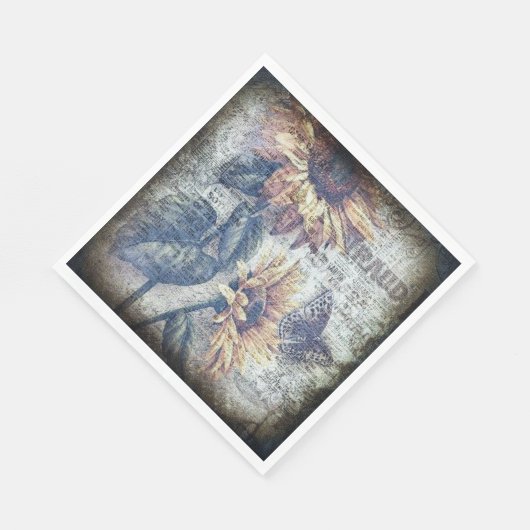 Rustic Sunflower Butterfly Newspaper Decoupage Servet (Hoek)