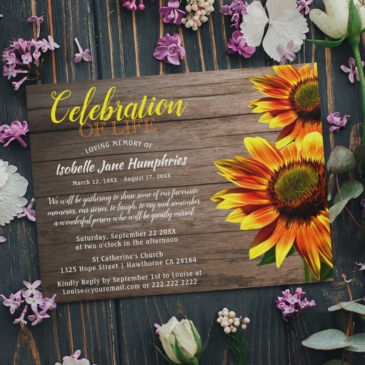 Rustic Sunflower Celebration of Life | Begrafenis Kaart