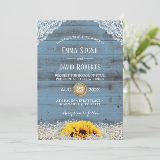Rustic Sunflower Country Floral Blue Barn Wedding Kaart (Staand voorkant)