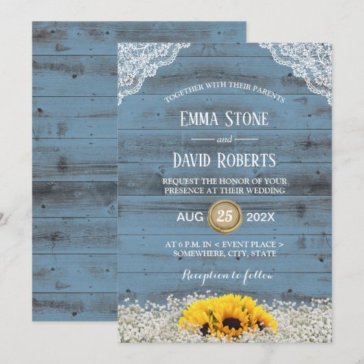 Rustic Sunflower Country Floral Blue Barn Wedding Kaart (Voorkant / Achterkant)