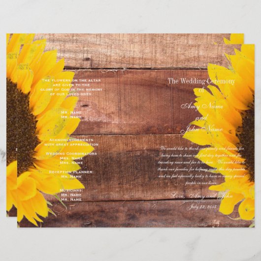 Rustic Sunflower Country Wedding Programme (Voorkant / Achterkant)