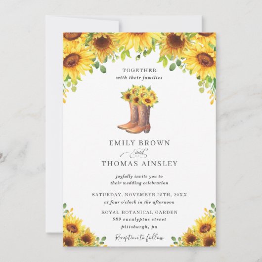 Rustic Sunflower Cowboy Boots country Wedding Kaart (Voorkant)
