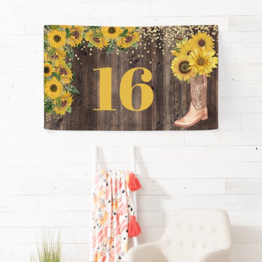 Rustic Sunflower Cowgirl Boot Glitter 16 verjaarda Spandoek (Insitu)