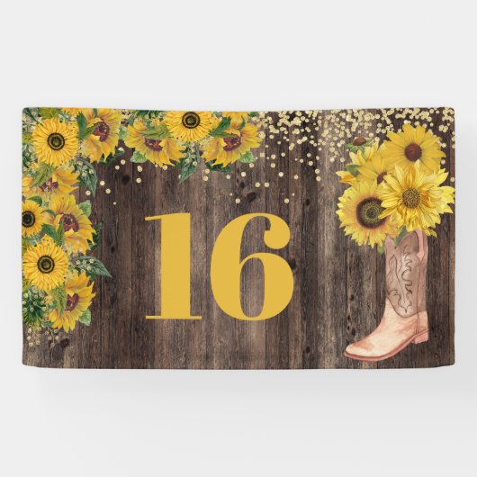Rustic Sunflower Cowgirl Boot Glitter 16 verjaarda Spandoek (Horizontaal)