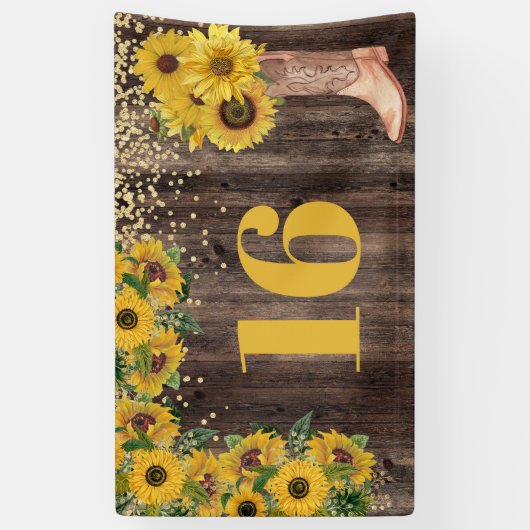 Rustic Sunflower Cowgirl Boot Glitter 16 verjaarda Spandoek (Verticaal)